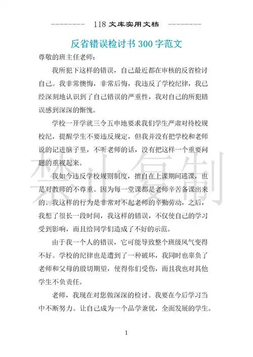 反省错误检讨书300字范文 .docx 6页