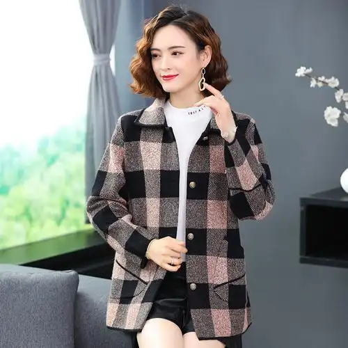 胖mm200斤大码春秋季格子羊绒外套女妈妈装中款宽松外搭上衣开衫