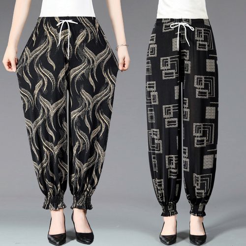 夏季中老年女裤高腰九分灯笼裤女大码中年女裤冰丝花裤妈妈花裤子