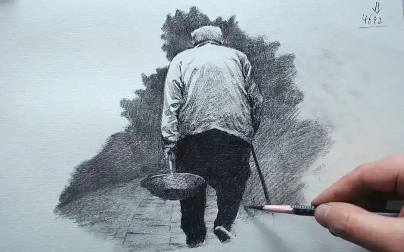 素描人物老父亲的背影素描人物绘画全过程
