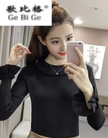 女生成人2018秋冬新款半高领长袖针织衫百搭喇叭袖毛衣纯色打底衫套头