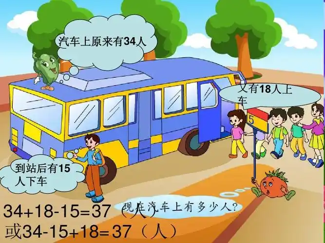 汽车上原来有34人 到站后有15 人下车 34 18-15=37(人) 或34-15 18=