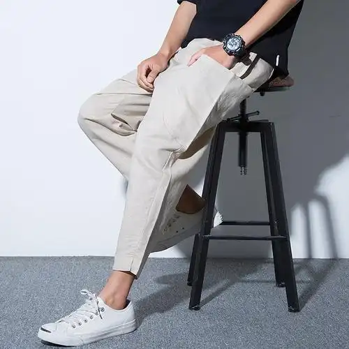 夏款亚麻九分裤男萝卜裤韩版时尚哈伦裤棉麻休闲裤宽松小脚裤子男
