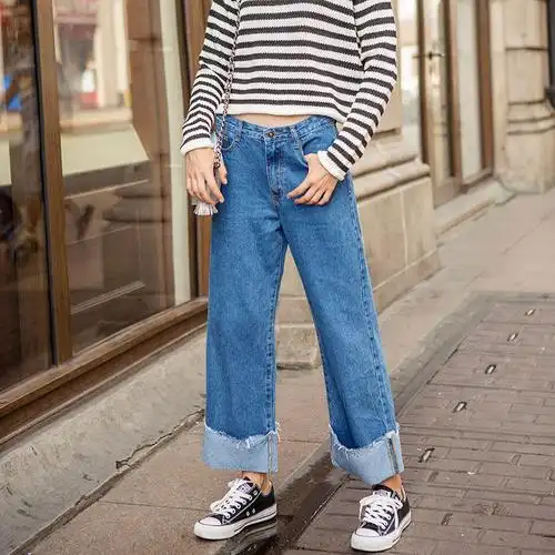 秋冬2016新款高腰九分裤阔腿牛仔裤女休闲宽腿裤卷边宽松下装