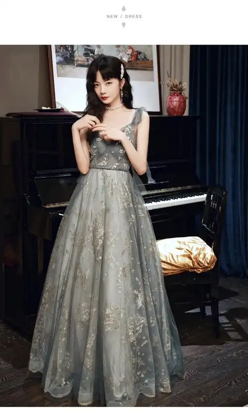 拍写真晚礼服2021新款气质主持人仙气长款连衣裙优雅灰色v领裙子