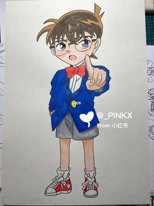 儿童画动漫人物男生柯南马克笔手绘彩铅