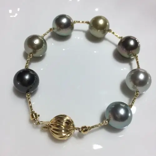 麦典11-12mm海水近正圆强光大溪地黑珍珠手链18k金隔珠加18k扣