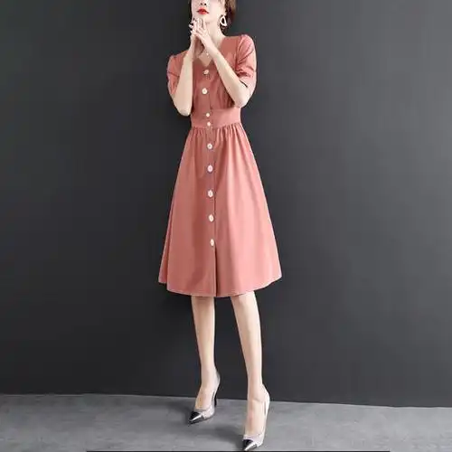 xwi夏季新品v领收腰显瘦撞色线迹短袖中长款连衣裙女xw