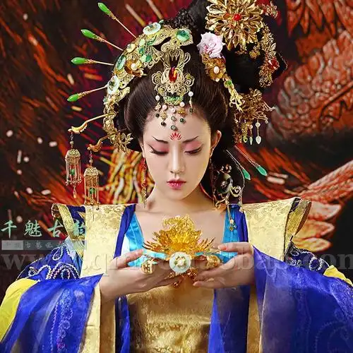 古装影楼唐朝贵妃拖尾演出服公主cos服装蓝色妖姬民族服装