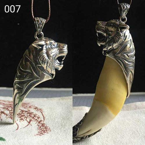 新款纯银虎牙霸气老虎头吊坠熊牙套包银牙尖防裂项坠