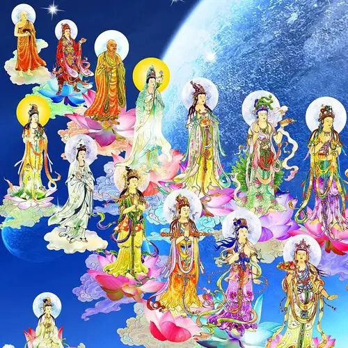 西方三圣接引图挂画阿弥陀佛画像极乐世界佛教结缘画卷轴画丝绸画