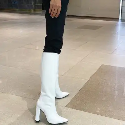 欧美秋季新款白色牛皮真皮高跟粗跟高筒靴尖头侧拉链长靴超高跟鞋