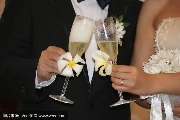 新娘和新郎手持酒杯为他们的婚礼祝酒