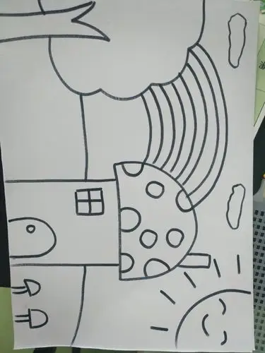 阳光贝贝幼儿园中班水彩画《彩虹下的蘑菇屋》