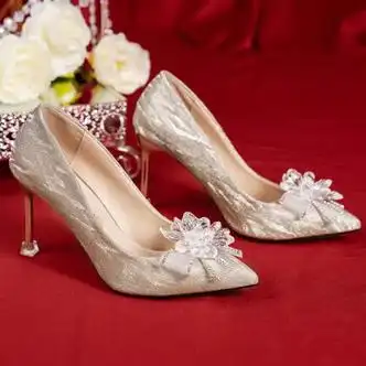 卓诗尼法式水晶钻婚鞋2023年新款女鞋伴娘新娘鞋细跟尖头高跟鞋气质