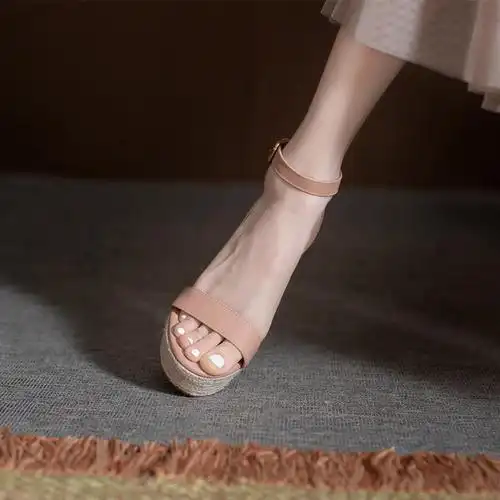 露趾杏色超高高跟坡跟凉鞋增高小个子夏季真皮时装凉鞋