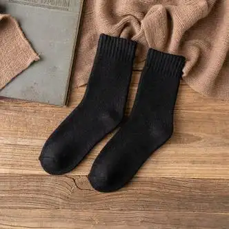 巨厚羊毛袜男女中筒袜加厚保暖毛圈袜长袜毛巾袜子男袜黑色均码3双