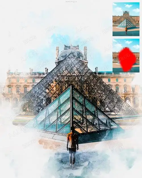 写实建筑物水彩画效果背景虚化艺术图像处理特效ps动作