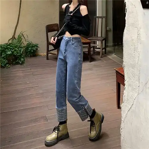 女装新款胖mm大码阔腿裤5xl200斤实拍秋装开叉拉链牛仔裤牛仔裤