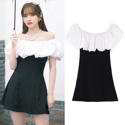 程潇同款连衣裙子韩版修身一字领露肩连衣裙荷叶边晚礼服a字裙