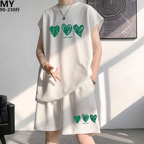 爱心印花运动背心套装男夏季加肥加大码潮胖人宽松休闲短裤两件套