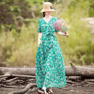 素订棉麻女装旗舰店2021秋季新品优雅减龄腰部抽绳长袖棉麻连衣裙