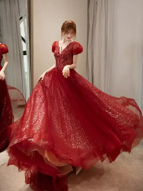 敬酒服新娘2022春季新款优雅长款蓬蓬裙酒红色订婚连衣裙