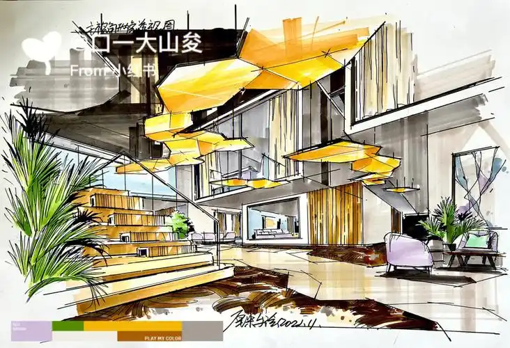 室内手绘  #室内设计考研手绘  #书吧设计  #书吧马克笔手绘