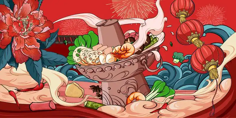 国潮火锅红色背景国风手绘火锅美食节插画素材