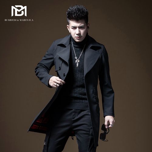 bm男士黑色复古翻领外套垂感风衣男中长款英伦风韩版潮流修身百搭
