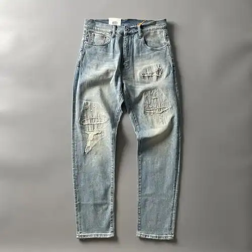 破洞补丁牛仔裤男日系复古纯棉水洗做旧潮流直筒休闲长裤子男