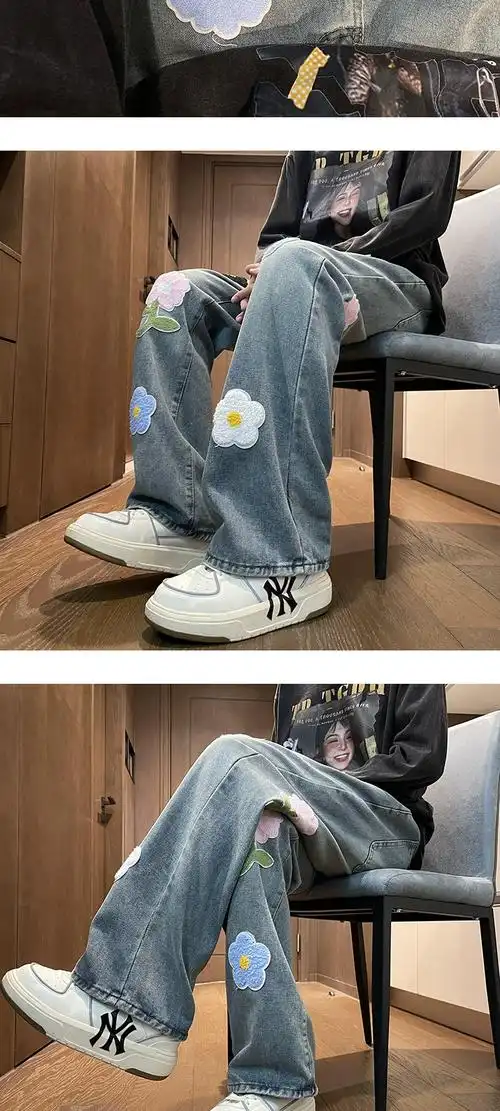 贴布花朵刺绣牛仔裤男女潮流美式hiphop裤子春秋季宽松阔腿拖地裤