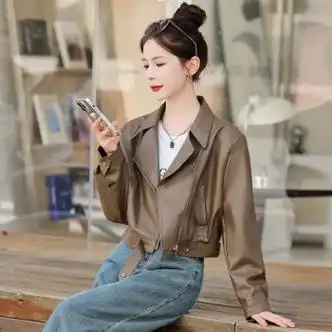 呓寻秋冬新款皮衣外套女短款机车宽松休闲小个子加绒加厚pu皮夹克咖色