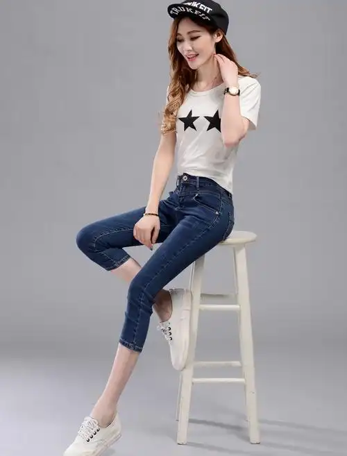 古德奈夏季新款七分裤女韩版牛仔裤女修身显瘦mm弹力7分中裤热裤掌业