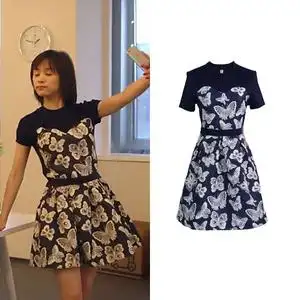 欢乐颂王子文曲筱绡同款蓬蓬裙印花蝴蝶拼色修身连衣裙女