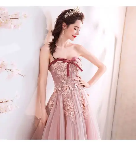 钢琴演奏礼服少女气质豆沙粉色新娘结婚敬酒服伴娘宴会订婚艺考婚纱晚