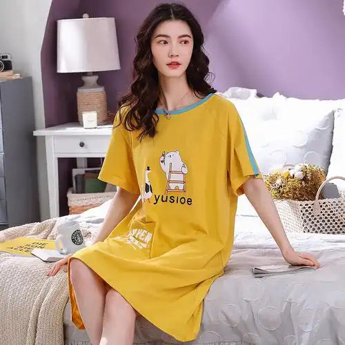 睡裙女夏季纯棉薄款可爱短袖夏裙可外穿春秋夏天宽松孕妇裙子睡衣