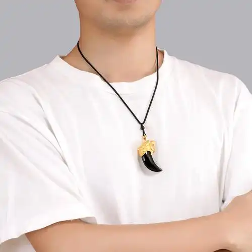 gzuan古钻珠宝霸气虎头黄金足金3d硬金黑玛瑙虎牙造型男款吊坠yjd0043