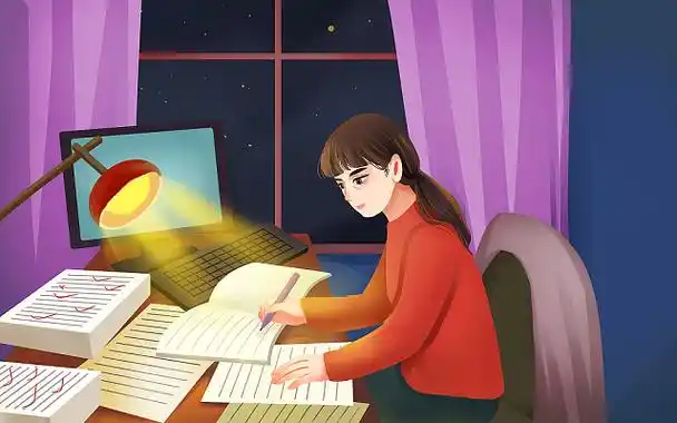 卡通手绘教师节插画夜晚批改作业的老师原创插画海报