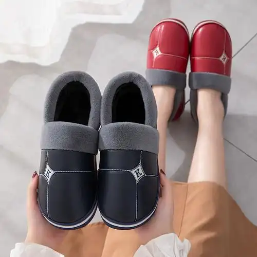 大码棉拖鞋刺绣男皮面包跟居家用女室内厚底情侣外穿拖鞋冬季