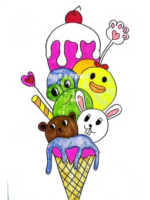 动物冰淇淋创意马克笔简笔画儿童画主题画