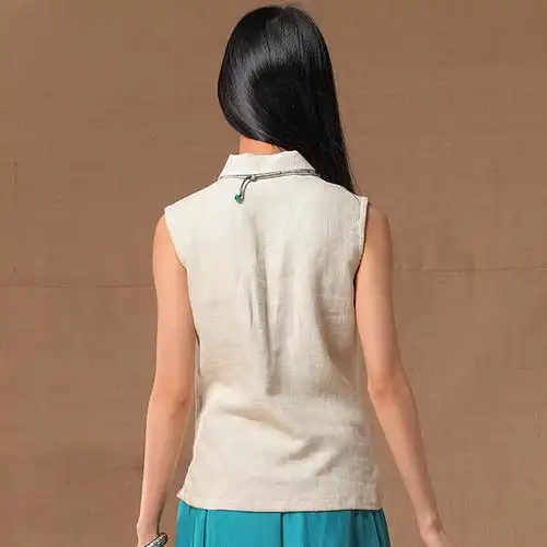 采桑扣显襟盘领斜娃娃纯色打底原创衬衫无袖衬衫