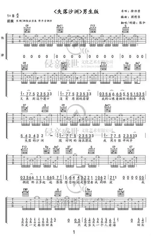 失落沙洲吉他谱_c调男生版_徐佳莹_失落沙洲六线谱