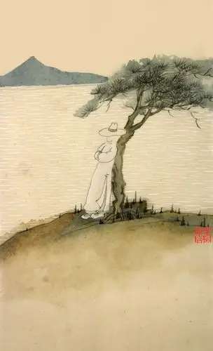 「 老树画画 」. 吃酒八分醉,倚松看水流.江山明月在,我发什么愁?