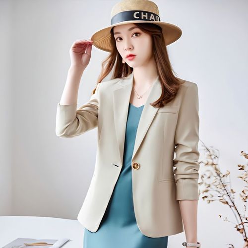 米白色西装外套女春秋薄款高级感小个子短款西服两件套装连衣裙夏