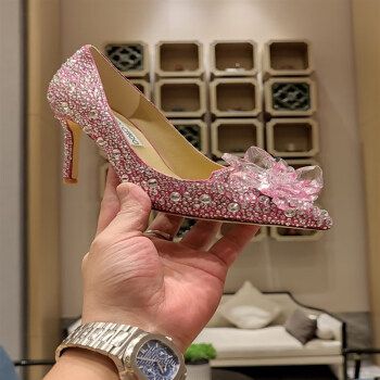 jimmychoo周仰杰高跟鞋亮片尖头水晶鞋单鞋婚鞋jc女鞋凉鞋粉红色34