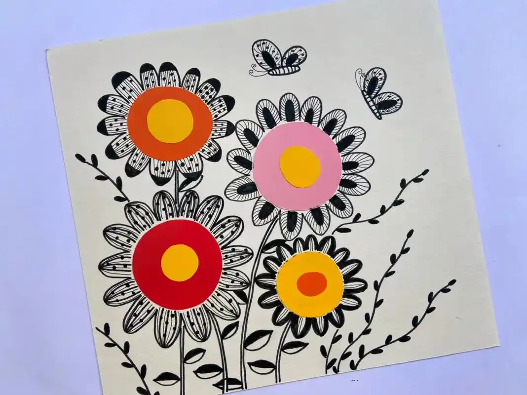 创意线描花卉#抖音图文来了 #创意儿童画 #创意美术 #抖出 - 抖音