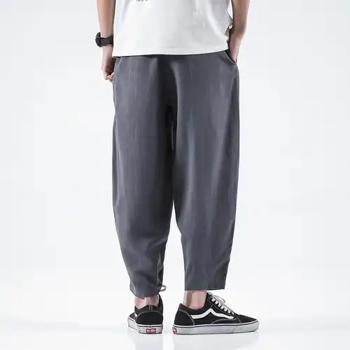 qt715--p50中国风亚麻萝卜裤阔腿九分裤棉麻坠感薄休闲裤男