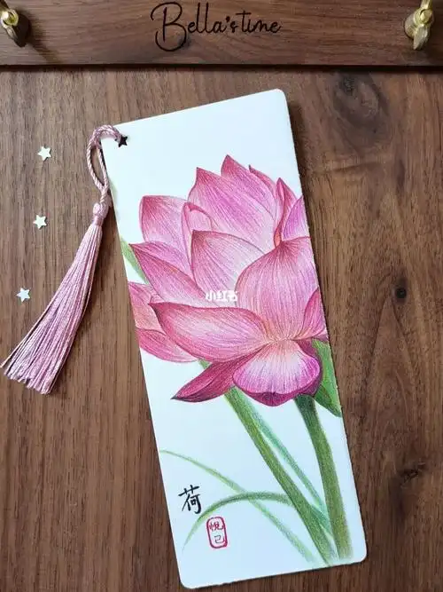 彩铅书签荷花绘制过程