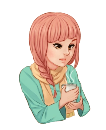 卡通长头发女孩喝热水